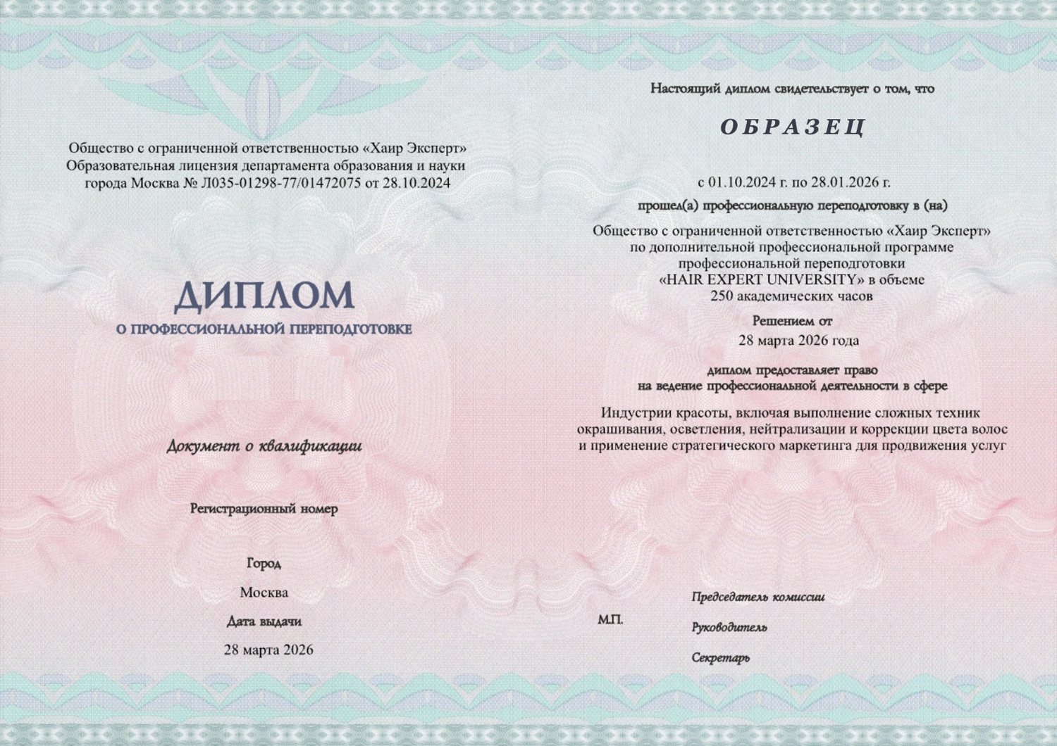 Диплом о профессиональной переподготовке HAIR EXPERT UNIVERSITY