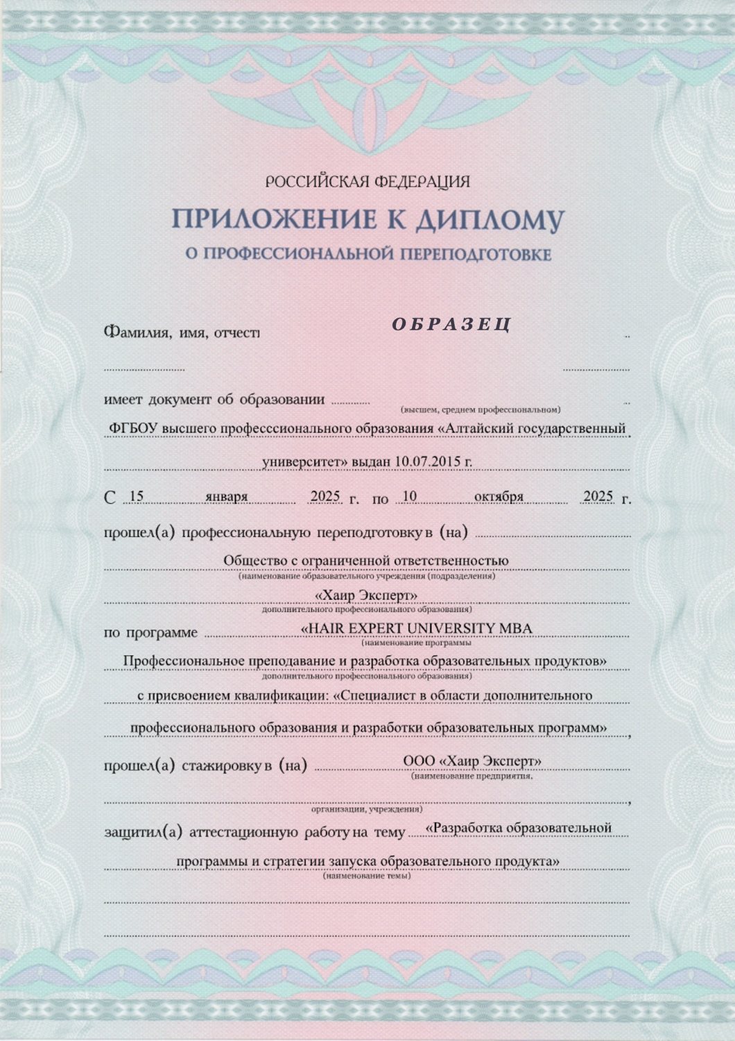 Приложение к диплому ДПО MBA преподавание, страница 1