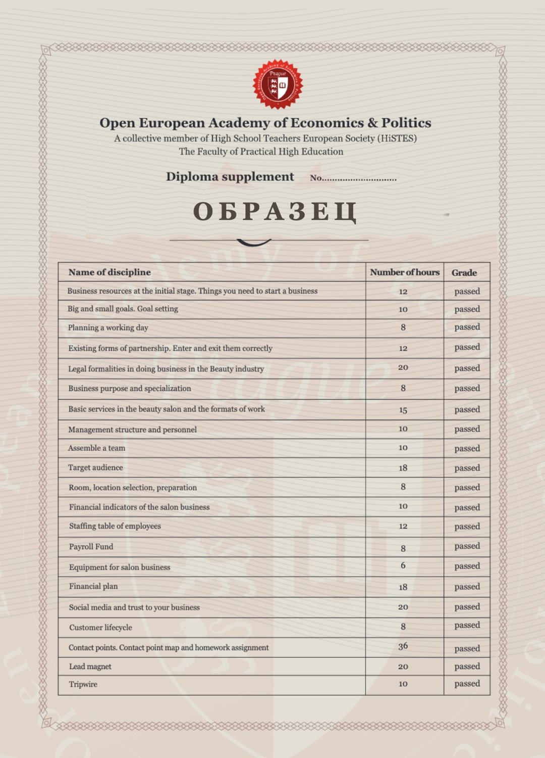 Приложение к международному диплому MBA бизнес, страница 1